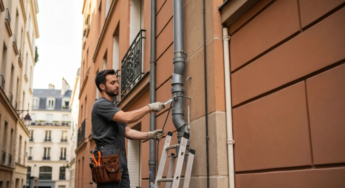 Plombier travaillant sur colonne immeuble Paris
