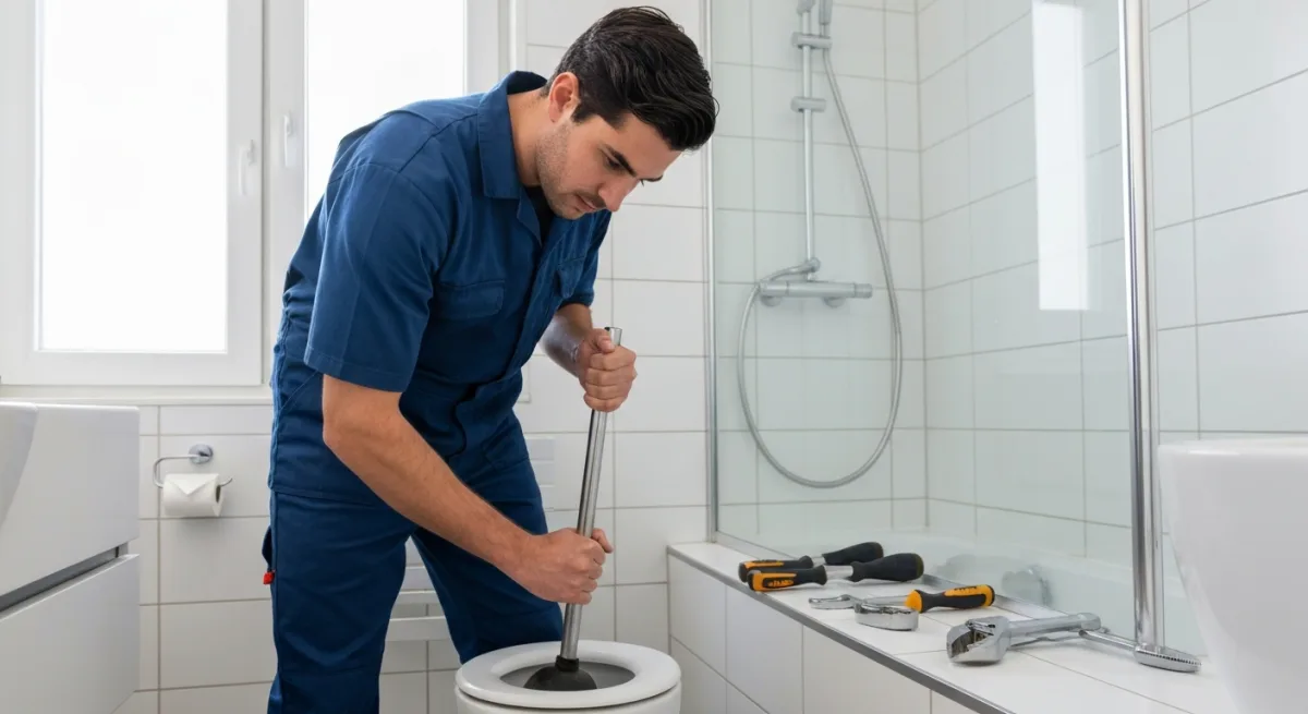 Technicien debouchant un WC avec materiel professionnel