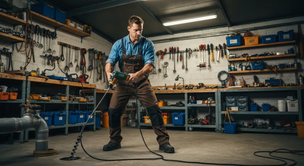 Plombier preparant un furet electrique professionnel